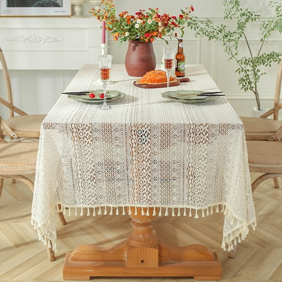 Ohmyroo Fringed Tablecloth Hollow Out Design for Home Dining Room Coffee Table Party Decoration