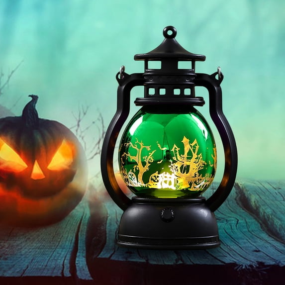 Ohmyroo Glowing Halloween Pumpkin Lantern, Green Plastic Mini Oil Lamp Decor