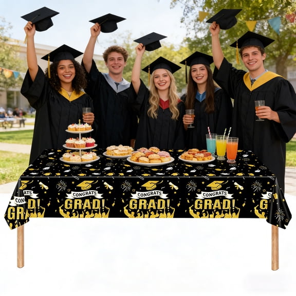 Ohmyroo Graduation Table Cover Disposable Rectangular Tablecloth Party Banquet Dining 54x108 Inch Commencement Decor