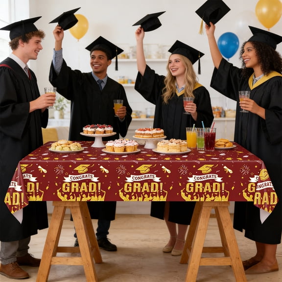 Ohmyroo Graduation Table Cover Disposable Rectangular Tablecloth Party Banquet Dining 54x108 Inch Commencement Decor