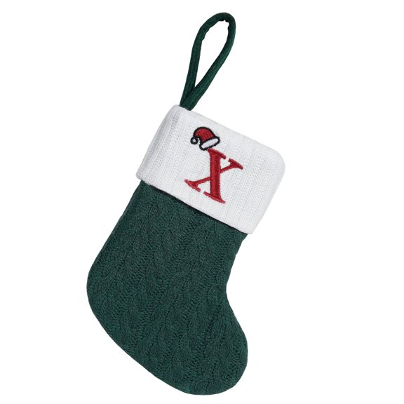 Ohmyroo Green Cable Knit Letter Mini Christmas Stocking, Personalized Initial Xmas Sock with White Cuff Santa Hat Letter Loop, Custom A to Z Family Stocking for Mantel Gift Card Decor