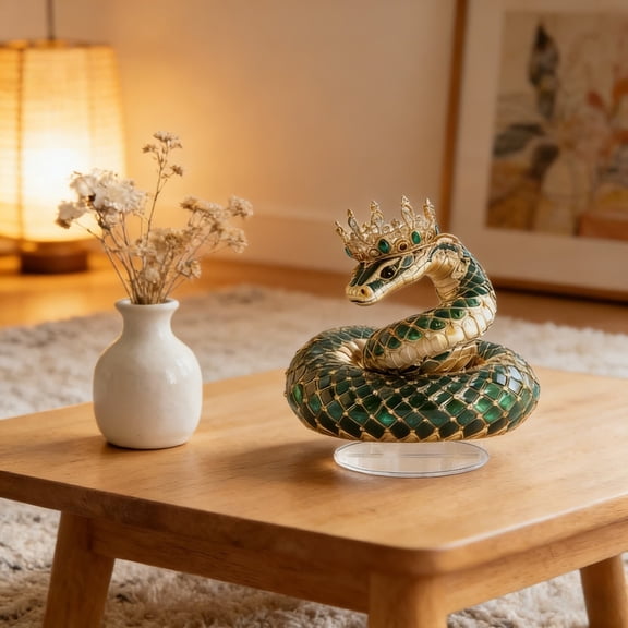 Ohmyroo Green Enamel Snake Figurine 8 Inch Acrylic Standee With Crown Detail Suiting Gothic and Regal Decor