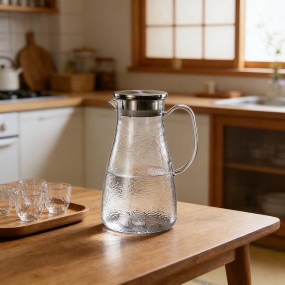 Ohmyroo Hammered Texture Beverage Pitcher with Stainless Steel Lid 60 Oz Large Water Jug for Home Kitchen Table