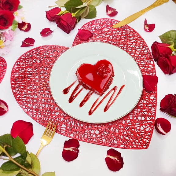 Ohmyroo Heart Shaped Placemats 2 Count Set 15 Inch Washable PVC Table Mats for Anniversary Parties