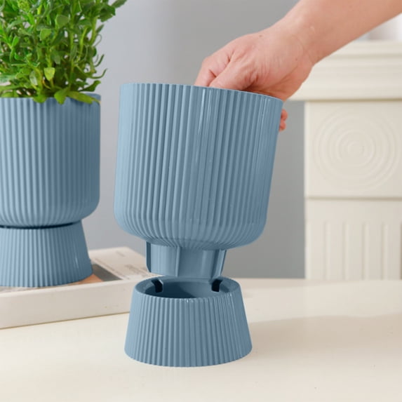 Ohmyroo High Footed Faux Ceramic Planter Plastic Pot For Indoor Greenery Decoration Blue 7.4 Inch