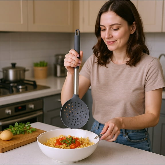 Ohmyroo Household Kitchen Colander Stainless Steel Plastic Drains Spoon For Noodles Dumpling And Food Preparation