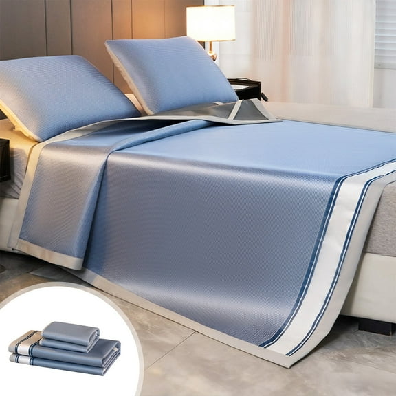Ohmyroo Ice Silk Cooling Mattress Pad Set - Breathable Summer Bed Sheet with Matching Pillowcases, Temperature Regulating Soft Mat for Hot Weather Comfort