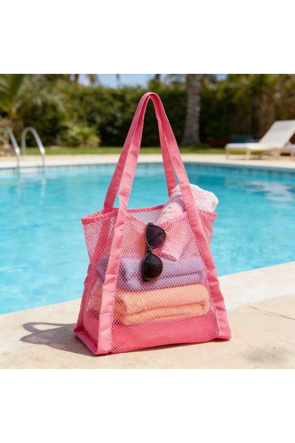 Large Capacity Mesh Beach Tote Drawstring Sand Release Pouch For Wet Towels Vacation Pink 12.9 Inch