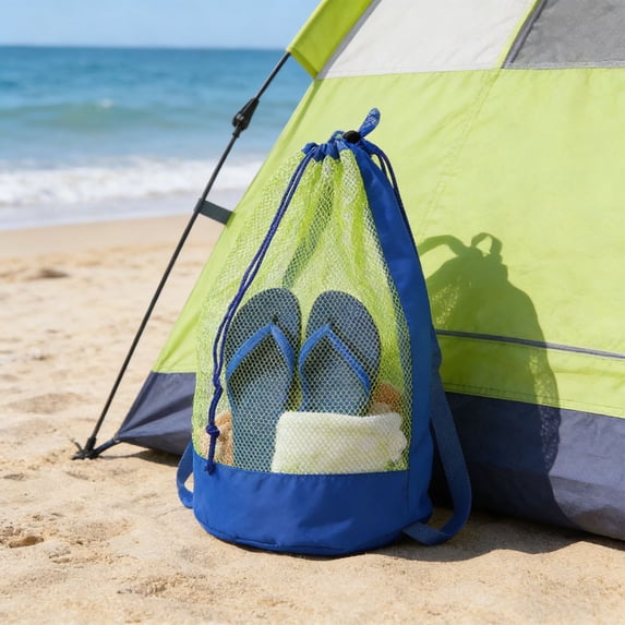 Ohmyroo Mesh Beach Tote Drawstring Sand Release Pouch For Outdoor Gathering Seashells Blue 19.2 Inch
