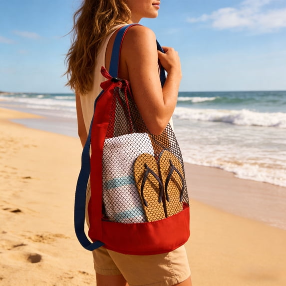 Ohmyroo Mesh Beach Tote Drawstring Sand Release Pouch For Outdoor Gathering Seashells Blue 19.2 Inch