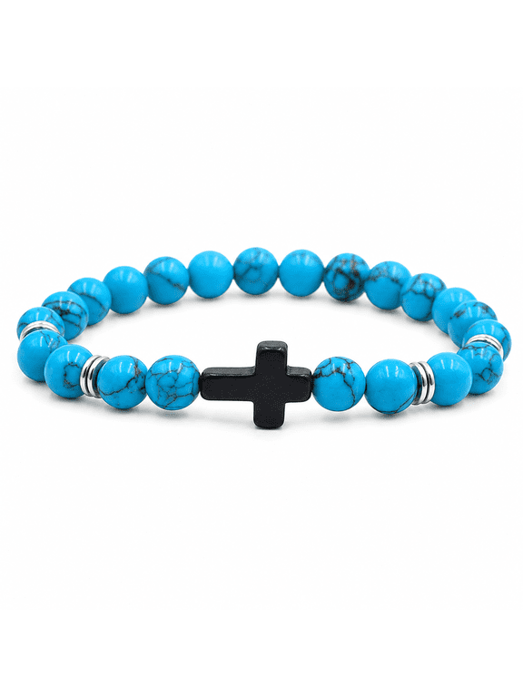 Natural Stone Beaded Cross Bracelet, Blue Matte Elastic Thread Wristband, Religious 8mm Healing Energy Jewelry Accessory For Men And Women Daily Wear Prayer And Gifts