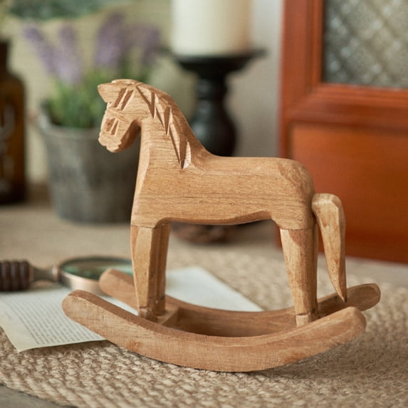 Ohmyroo Nordic Style Wooden Rocking Horse 7.48 Inch Crafted Animal Figurine For Tabletop Decoration