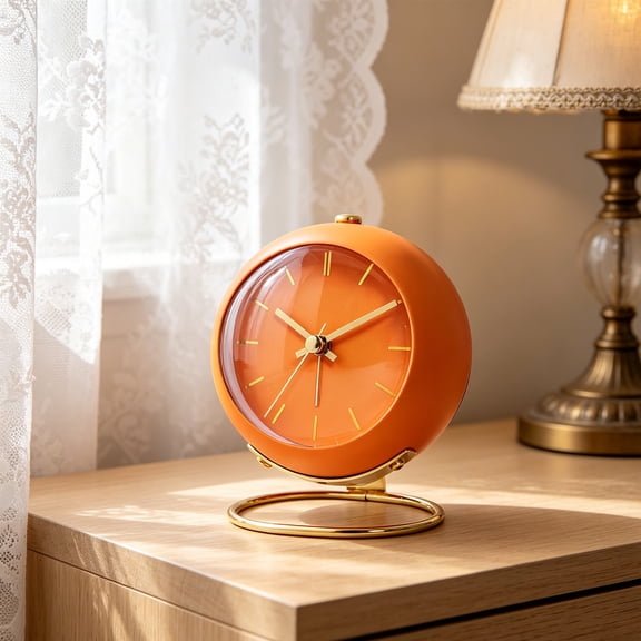 Ohmyroo Orange Analog Desk Alarm Clock with Silent Non-Ticking Motion, 4.13-Inch Metal Table Clock