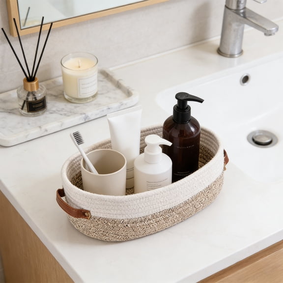 Ohmyroo Oval Cotton Rope Storage Basket with Leather Handle Bathroom Organizer Bin Woven Container for Toiletries Towels Cosmetics Sundries Storage