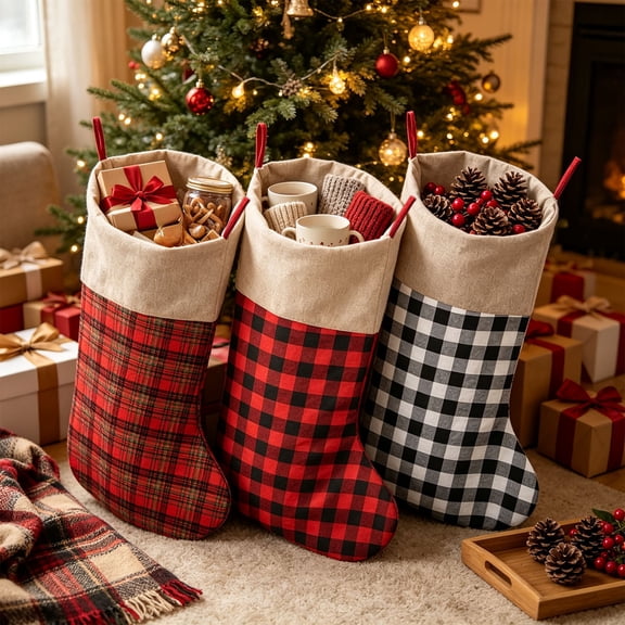 Ohmyroo Oversized Christmas Stocking Large Capacity Xmas Gift Sock, Plaid Holiday Hanging Stocking with Tabs for Fireplace Mantel Tree, Extra Large Christmas Stocking for Family Party Decor