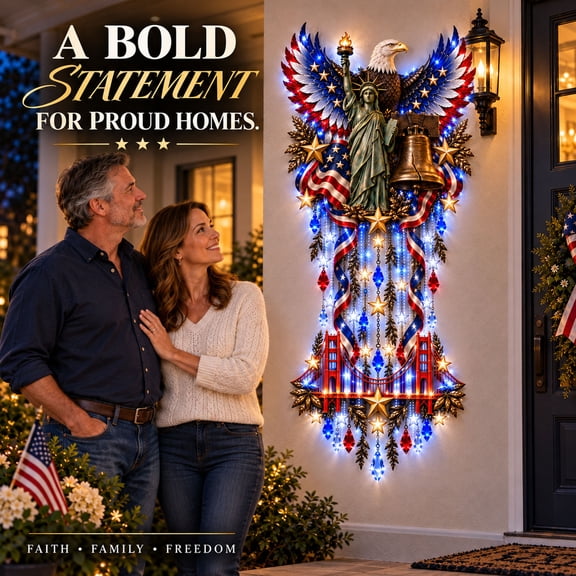 Ohmyroo Patriotic LED Wall Decor, Light Up American Themed Hanging Wooden Sign, Battery Operated Wall Art for Independence Day Memorial Day and Fourth of July
