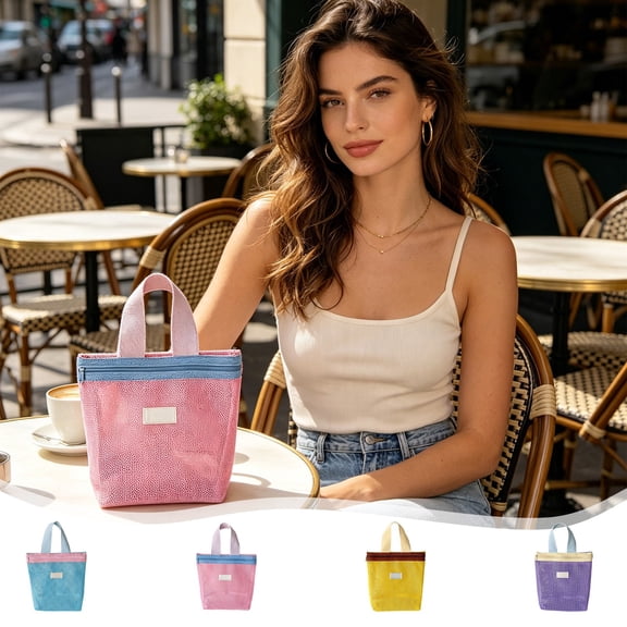 Ohmyroo Polyester Mesh Tote Bag 7.95x7.52x1.97in Portable Travel Handbag With Zipper Breathable Cosmetic Wash Organizer Durable