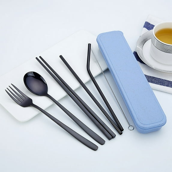 Ohmyroo Portable Titanium Plated Utensil Set, 7-Piece Camping and Travel Cutlery Kit with Chopsticks and Straw, 304 Stainless Steel