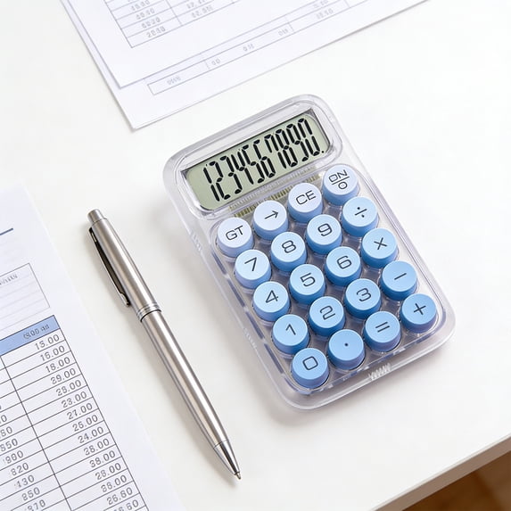 Ohmyroo Portable Transparent Calculator 5.7in Blue Plastic Mechanical Keypad Office Finance Tool