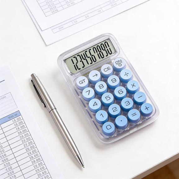 Ohmyroo Portable Transparent Calculator 5.7in Blue Plastic Mechanical Keypad Office Finance Tool