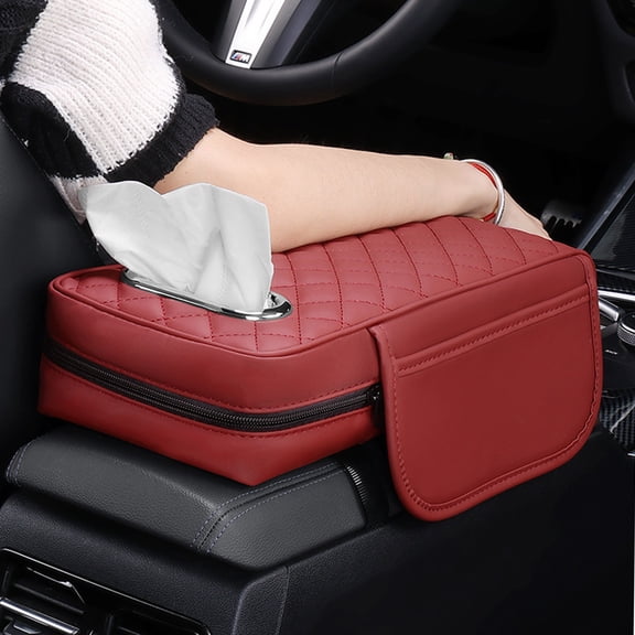 Ohmyroo Premium Leather Auto Armrest Console Cushion Memory Foam Heightened Pad Red