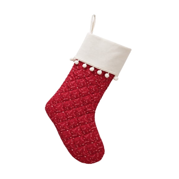 Ohmyroo Quilted Plush Christmas Stocking, Red Fabric Holiday Stocking with White Faux Fur Cuff and Pom Pom and Hanging Loop, Xmas Sock for Mantel Staircase Gift Filler and Family Decor