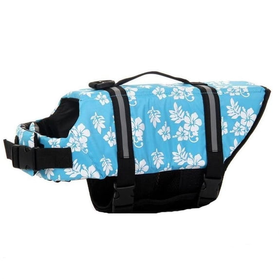 Ohmyroo Reflective Dog Life Jacket Blue Flower Pattern Buoyancy Vest for Outdoor Water Safety and Visibility