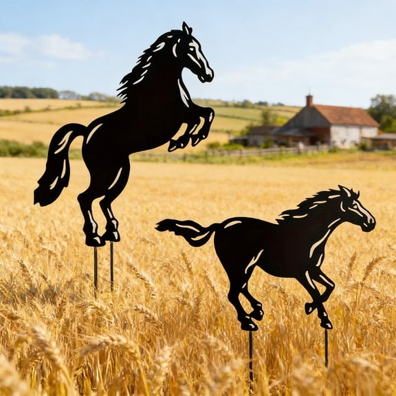 Ohmyroo Set of 2 Outdoor Black Metal Horse Stakes 12-Inch Iron Ground Decor for Garden Yard and Lawn
