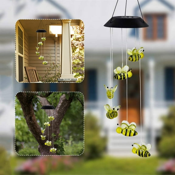 Ohmyroo Solar Powered Bee Wind Chime 27 Inch Color Changing Plastic For Homeowners For Outdoor Patio Roof Balcony Lighting Home Upgrade