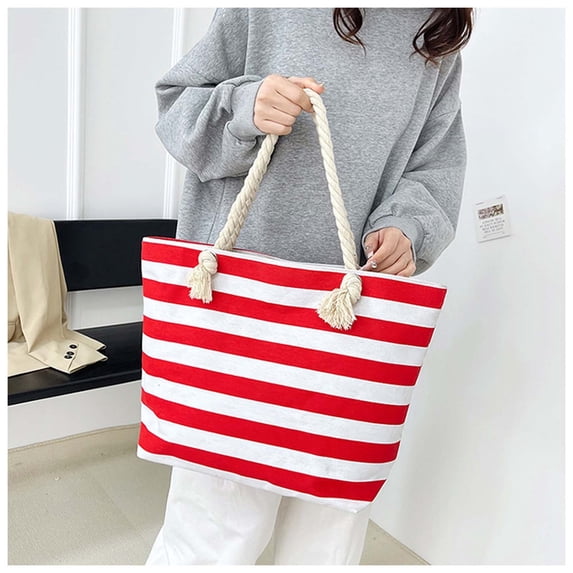 Ohmyroo Striped Canvas Wine Tote Bag Large Capacity Thermal Insulation Handbag Casual Shoulder Purse For Outdoor Picnic Organization