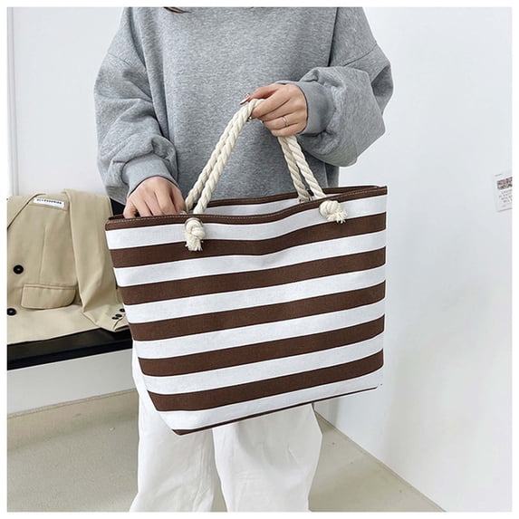 Ohmyroo Striped Canvas Wine Tote Bag Large Capacity Thermal Insulation Handbag Casual Shoulder Purse For Outdoor Picnic Organization