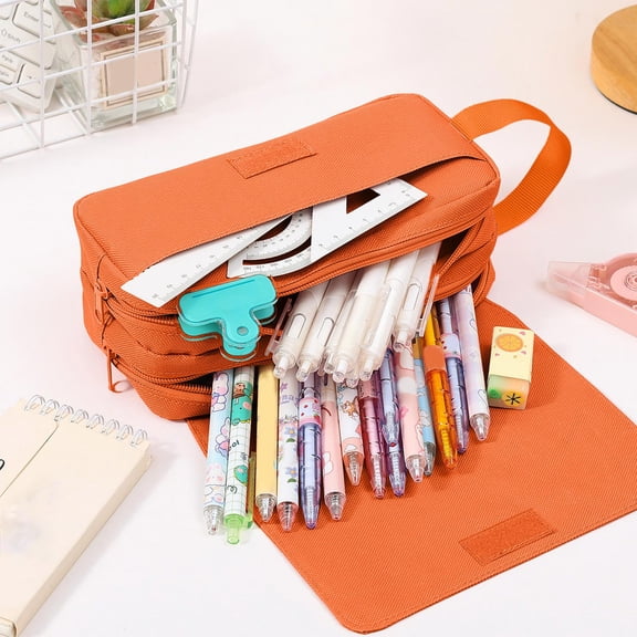 Ohmyroo Three Tier Flip Top Pencil Case 8.2x3.9 Inch Orange Blue Purple Pink Handle Style Large Capacity Solid Color Organizer Pouch
