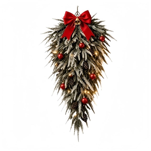 Ohmyroo Upside Down Christmas Tree Wreath, Frosted Teardrop Door Hanging with Lights and Bow, Christmas Fallen Tree Swag for Front Door Wall and Holiday Mantel Display