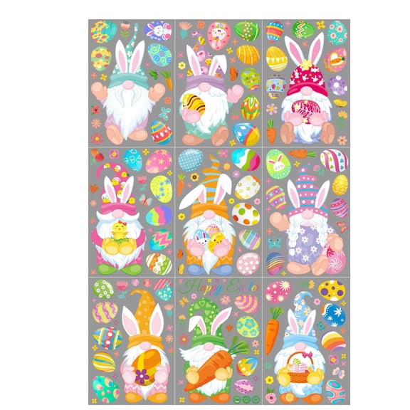 Ohmyroo Vibrant Bunny and Floral Egg Window Clings 9-Piece Static Sticker Set for Glass Door Decor
