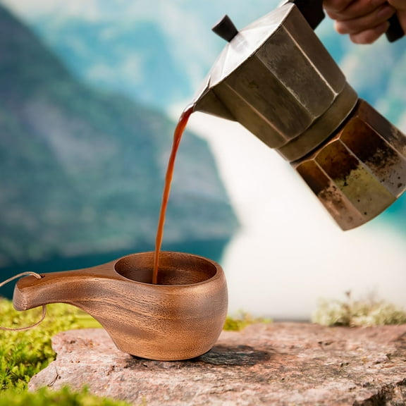 Ohmyroo Walnut Wood Coffee Milk Cup Finnish Style with Lanyard Handle Heat Resistant Acacia Wood Mug Decorative