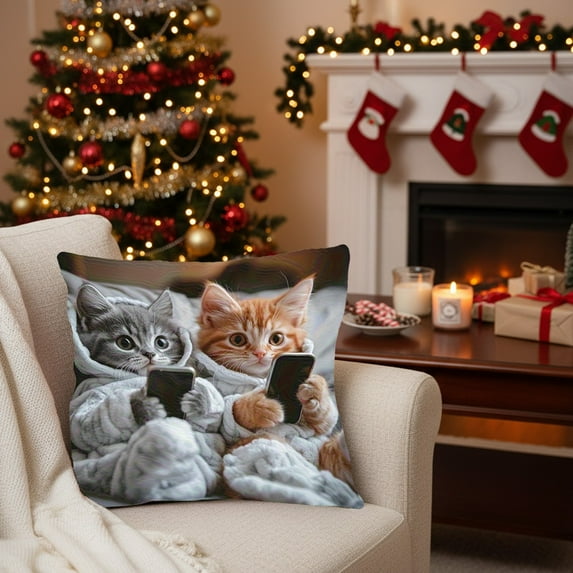 Ohmyroo Whimsical Cat Print Throw Pillow Covers, 18-Inch Square Soft Pillowcases with Hidden Zipper, Playful Home Decor for Living Room and Bedroom