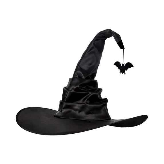 Ohmyroo Witch Hat with Hanging Bat, Draped Satin Crooked Cone Wizard Hat, Spooky Wide Brim Halloween Costume Accessory for Women Party Cosplay Events Festivals