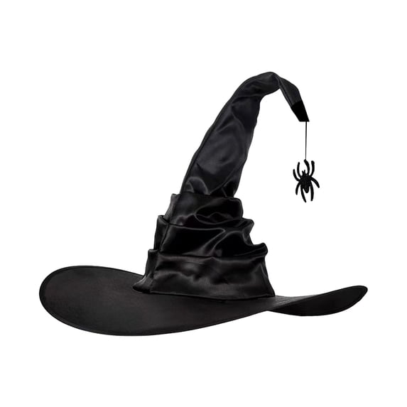 Ohmyroo Witch Hat with Hanging Spider, Draped Satin Crooked Cone Wizard Hat, Spooky Wide Brim Halloween Costume Accessory for Women Party Haunted Events