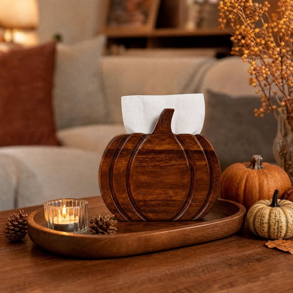 Ohmyroo Wooden Pumpkin Napkin Fall Tabletop Tissue Dispenser, Wood Napkin Storage, Pumpkin Wooden Tissue Box Cover Thanksgiving Kitchen Dining Dispenser Home Living Room Decor