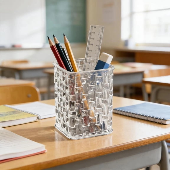 Ohmyroo Woven Texture Square Pen Holder Plastic Desktop Organizer For Office Brushes Gray 4.1 Inch