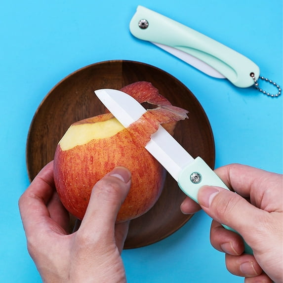 Ohmyroo Portable Ceramic Folding Fruit Knife, Mini Pocket Kitchen Knife with Carry Chain for Travel Camping and Home Use, 3 Color Options