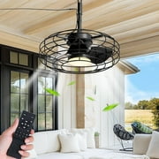 Ohniyou 20" Caged Outdoor Ceiling Fans with Light for Patio Porch 3 Blade Small Wet Rated Farmhouse Hanging Ceiling Fans with Remote Plug in Cord for Gazebo Canopy Pergola, Black