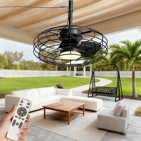 Ohniyou Outdoor Ceiling Fans with Light for Patios, 20" Farmhouse Waterproof Plug in Gazebo Fan Remote&APP Control, Caged Ceiling Fan for Porch Pergola Canopy, Black