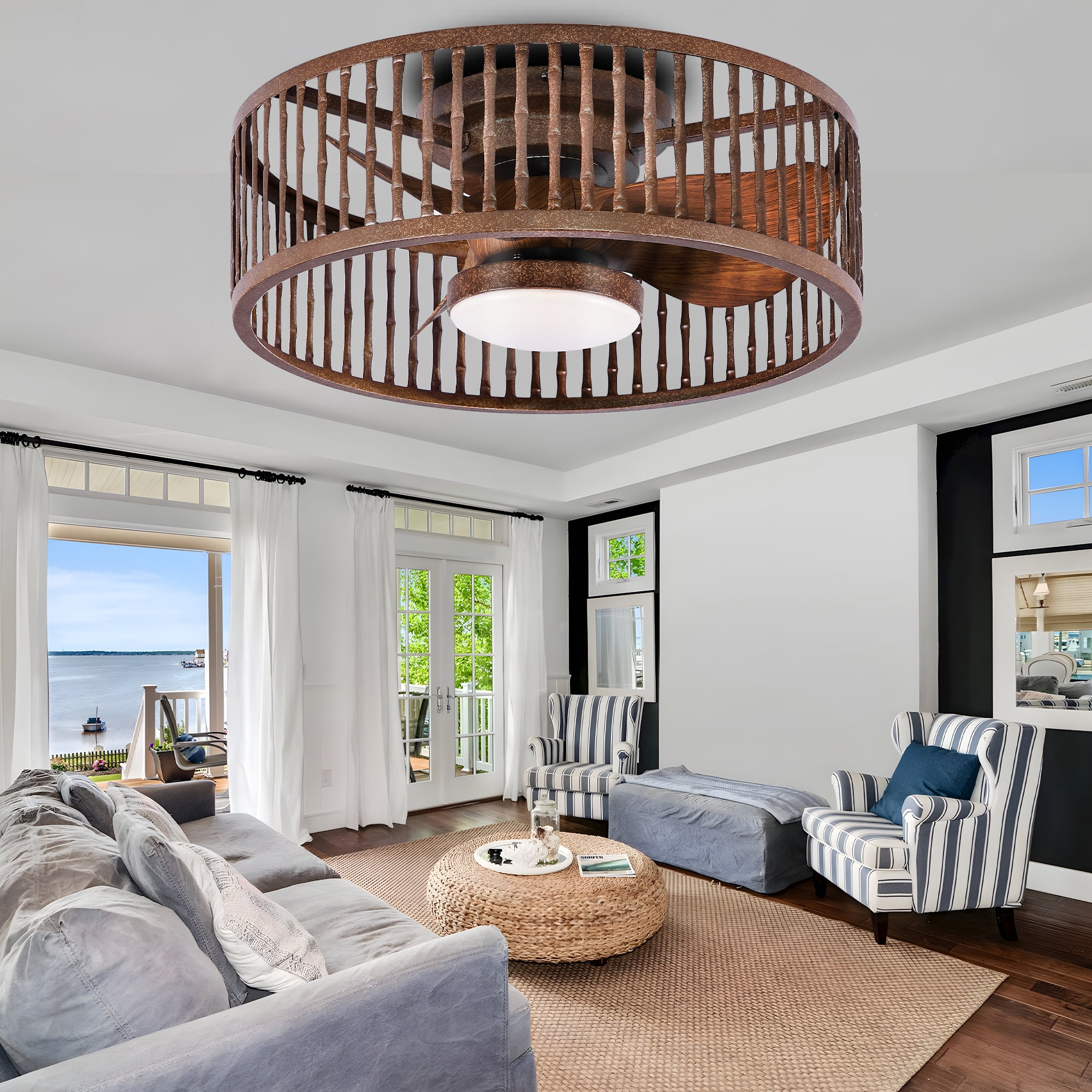 Ohniyou 21" Cage Ceiling Fan With Light - Flush Mount Farmhouse Bladeless Fan With Remote Control