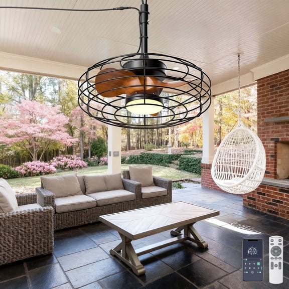 Ohniyou 20'' Outdoor Ceiling Fans with Lights Farmhouse Caged Remote/APP Control, Dimmable Hanging Plug in Ceiling Fan for Patio Porch Gazebo, Wood