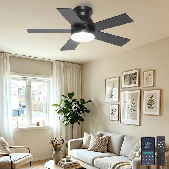 Ohniyou 32'' Small Ceiling Fan with Light, Mini Low Profile Flush Mount Fan for Hallway & Closet, Quiet DC Motor, Modern Tiny Space Ceiling Fan with App/Remote Control, Black