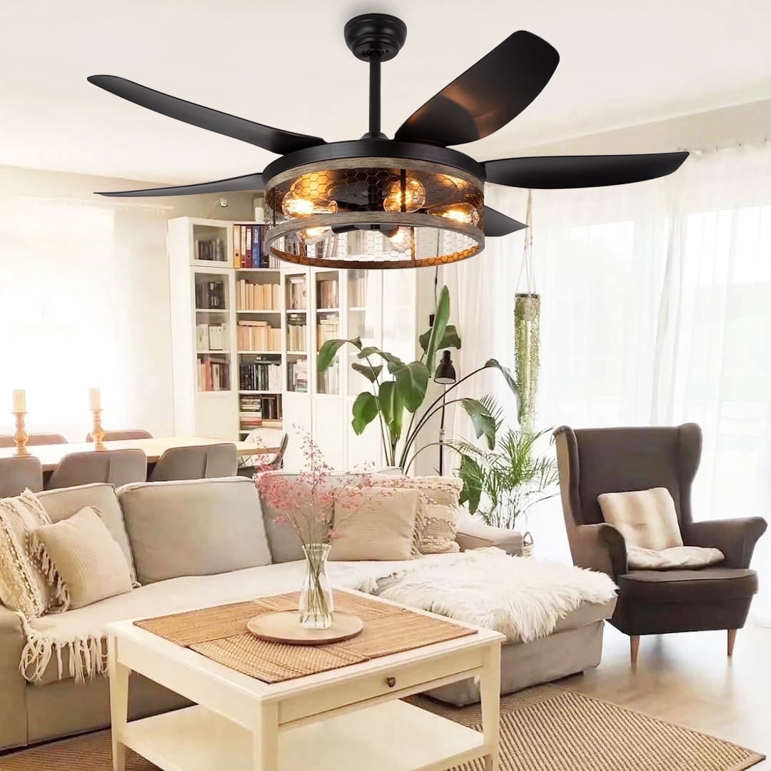 Ohniyou 52" Caged Farmhouse Ceiling Fan with Lights and Remote 6 Blades Fandalier Indoor Outdoor Ceiling Fans for Patio Living Room Kitchen, Black