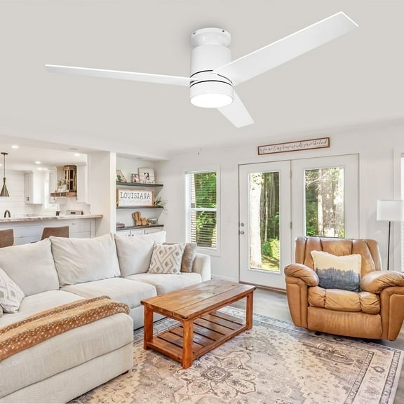 Ohniyou 52" Flush Mount Outdoor Ceiling Fan with Light and Remote 3 Blades Low Profile Farmhouse Ceiling Fans for Patio Porch Living Room Bedroom, White