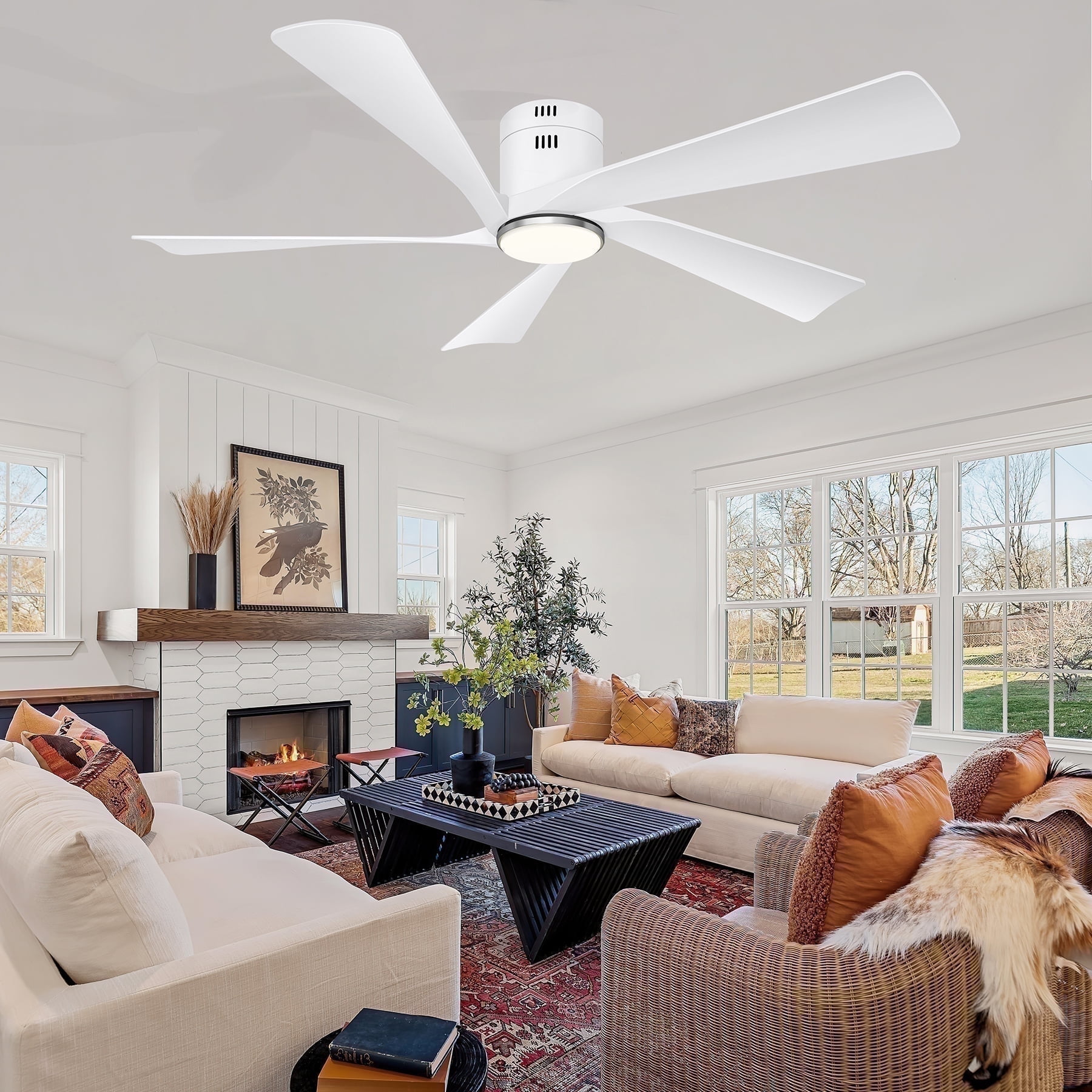 Ohniyou 52" Flush Mount Ceiling Fan with Lights and Remote Farmhouse Indoor Outdoor Ceiling Fans for Patio Living Room, White