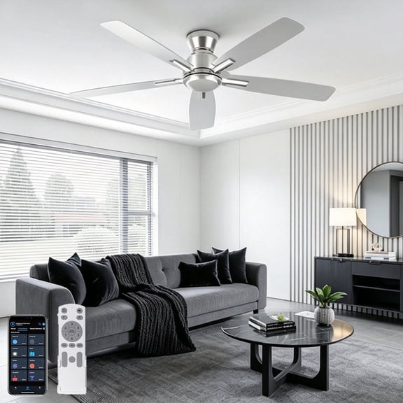 Ohniyou 52 Inch Ceiling Fan No Light, Low Profile Ceiling Fan with Remote and App Control, Flush Mount Ceiling Fan without Light for Bedroom Living Room Covered Patios, Quiet DC Motor, Silver